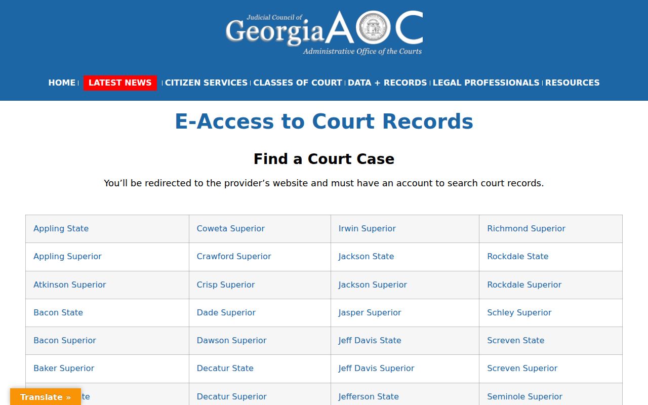 Georgia e-access directory for Crawford County court cases